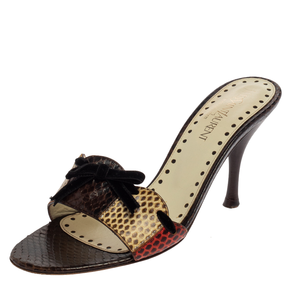 luxury-women-saint-laurent-paris-used-shoes-p396589-006 Saint Laurent Multicolor Snakeskin Bow Slide Sandals Size 36