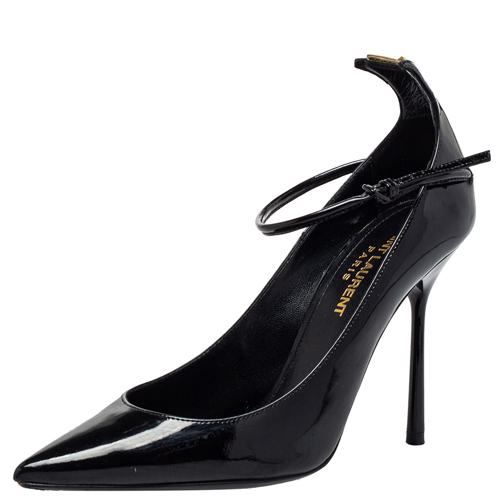 luxury-women-saint-laurent-paris-used-shoes-p402484-004 Saint Laurent Black Patent Leather Ankle Strap Pumps Size 35