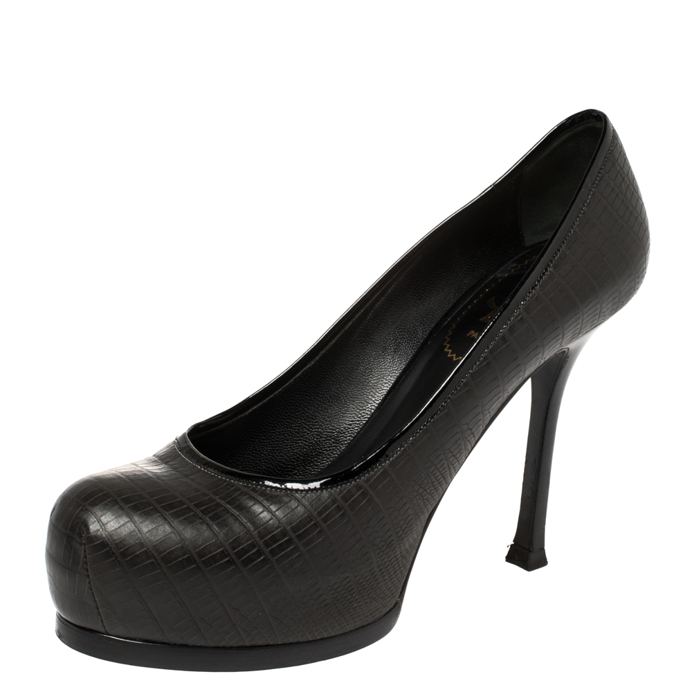 luxury-women-saint-laurent-paris-used-shoes-p421605-007 Saint Laurent Paris Black Lizard Embossed Leather Tribtoo Platform Pumps Size 36
