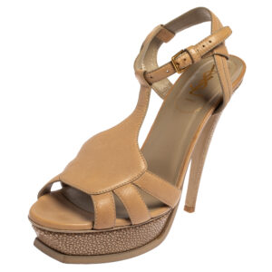 Saint Laurent Beige Leather and Textured Leather Ankle Strap Platform Sandals Size 40