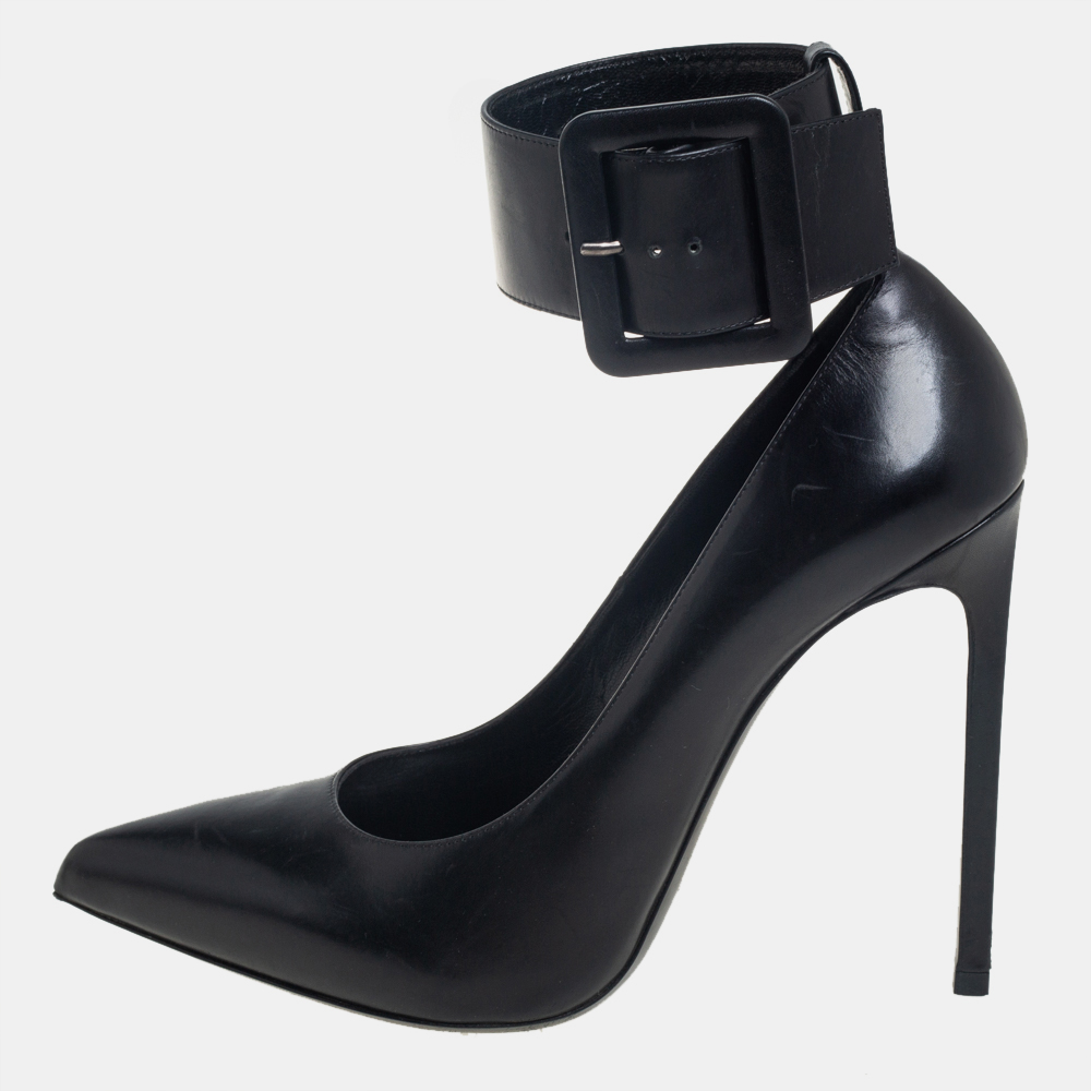 luxury-women-saint-laurent-paris-used-shoes-p431335-022 Saint Laurent Black Leather Escarpin Ankle Cuff Pumps Size 39