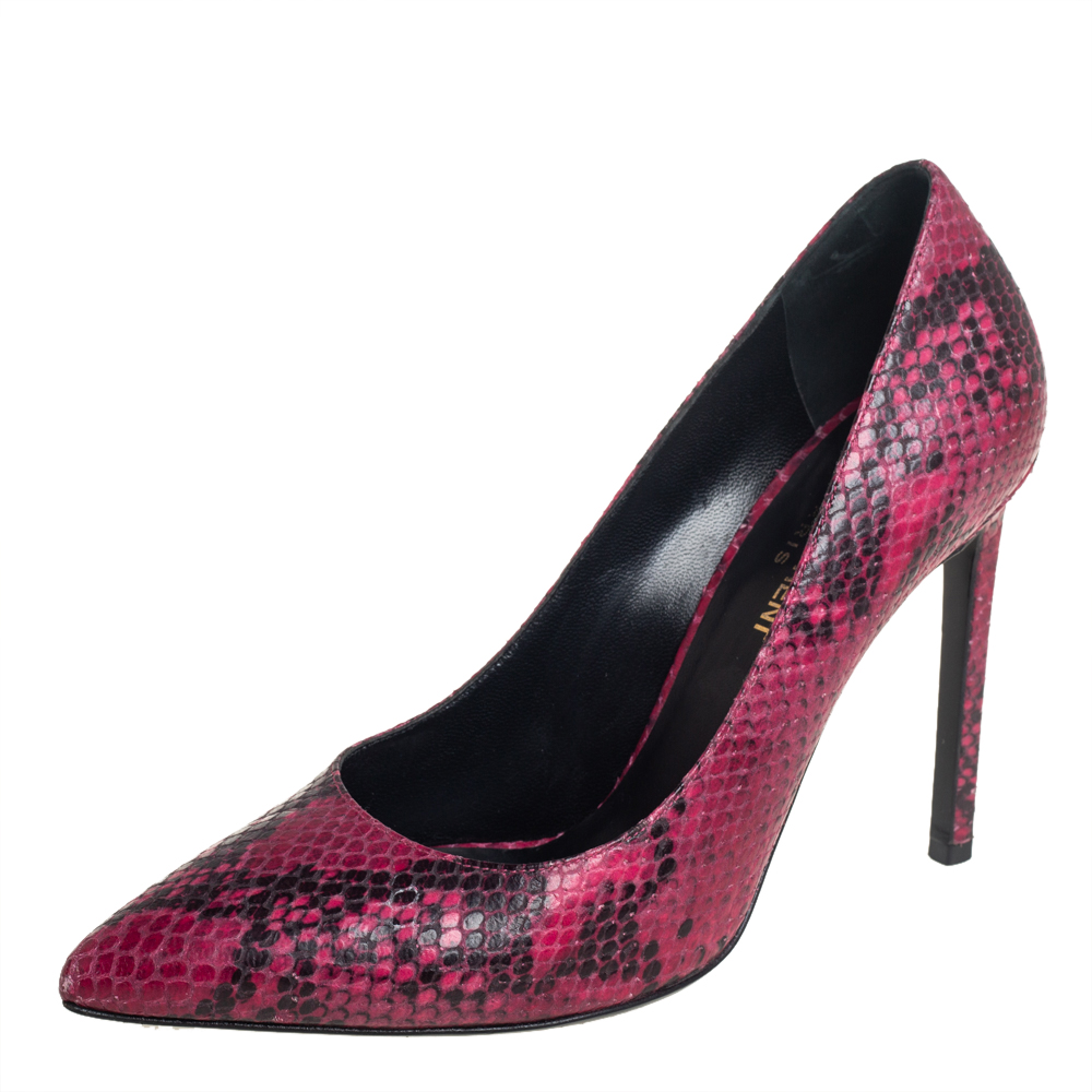 luxury-women-saint-laurent-paris-used-shoes-p437415-003 Saint Laurent Two Tone Python Embossed Leather Pointed Toe Pumps Size 38