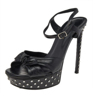 Saint Laurent Black Leather Embellished Platform Ankle Strap Sandals Size 38