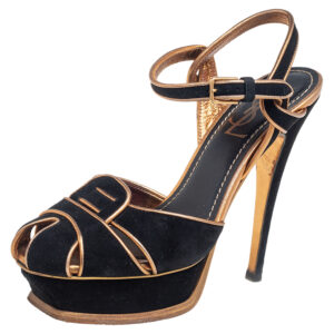 Saint Laurent  Black Suede Leather Platform Ankle Strap Sandals Size 36