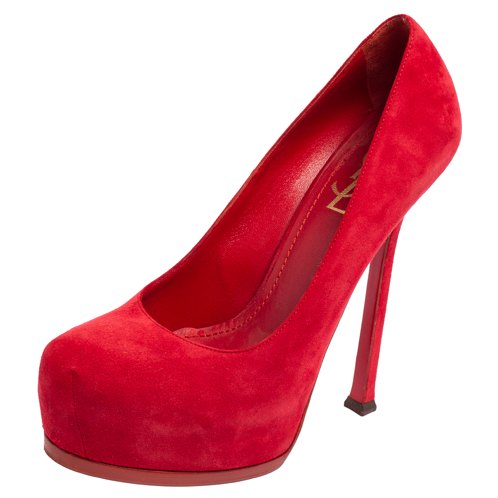 luxury-women-saint-laurent-paris-used-shoes-p577060-004-2 Saint Laurent Red Suede Tribtoo Platform Pumps Size 37.5