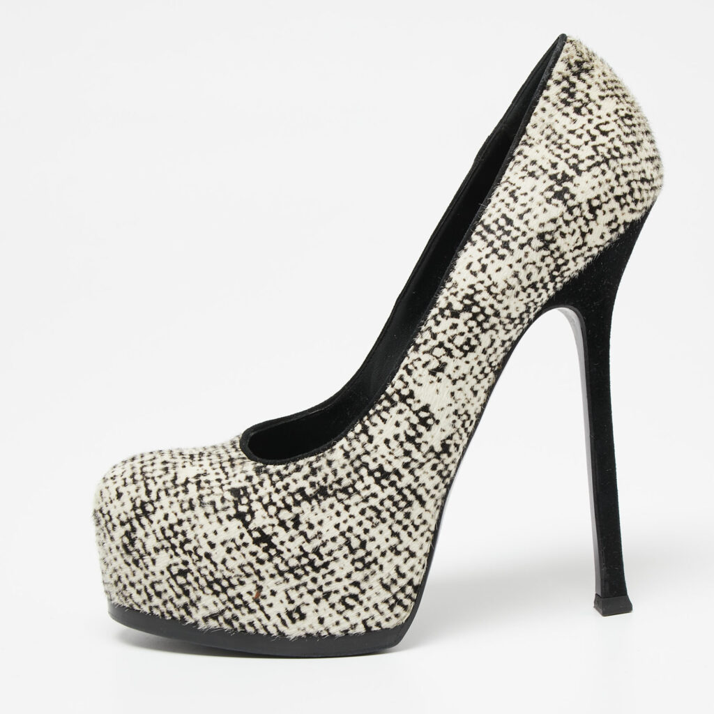 luxury-women-saint-laurent-paris-used-shoes-p626084-004-2 Saint Laurent Cream/Black Calf Hair Tribtoo Platform Pumps Size 38.5