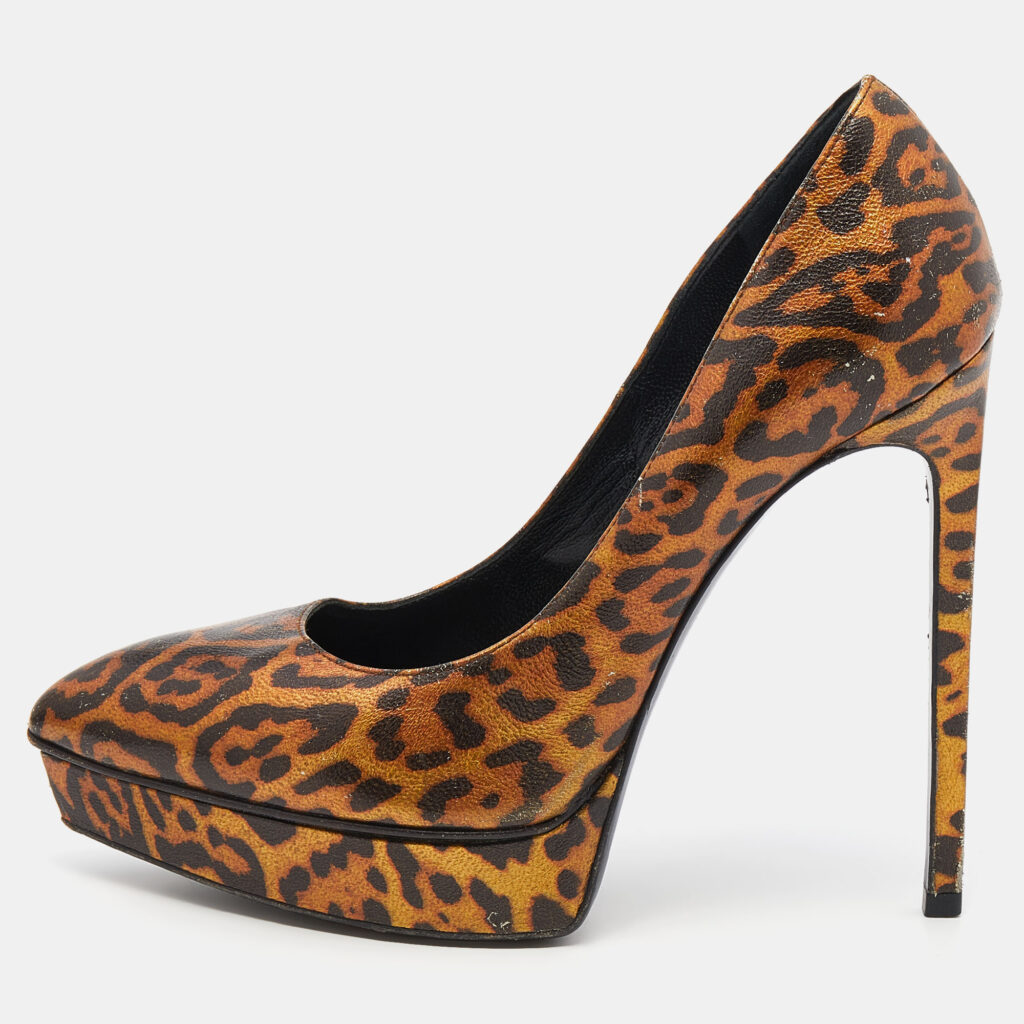luxury-women-saint-laurent-paris-used-shoes-p635914-003-1 Saint Laurent Metallic Leopard Print Leather Janis Pointed Toe Platform Pumps Size 38