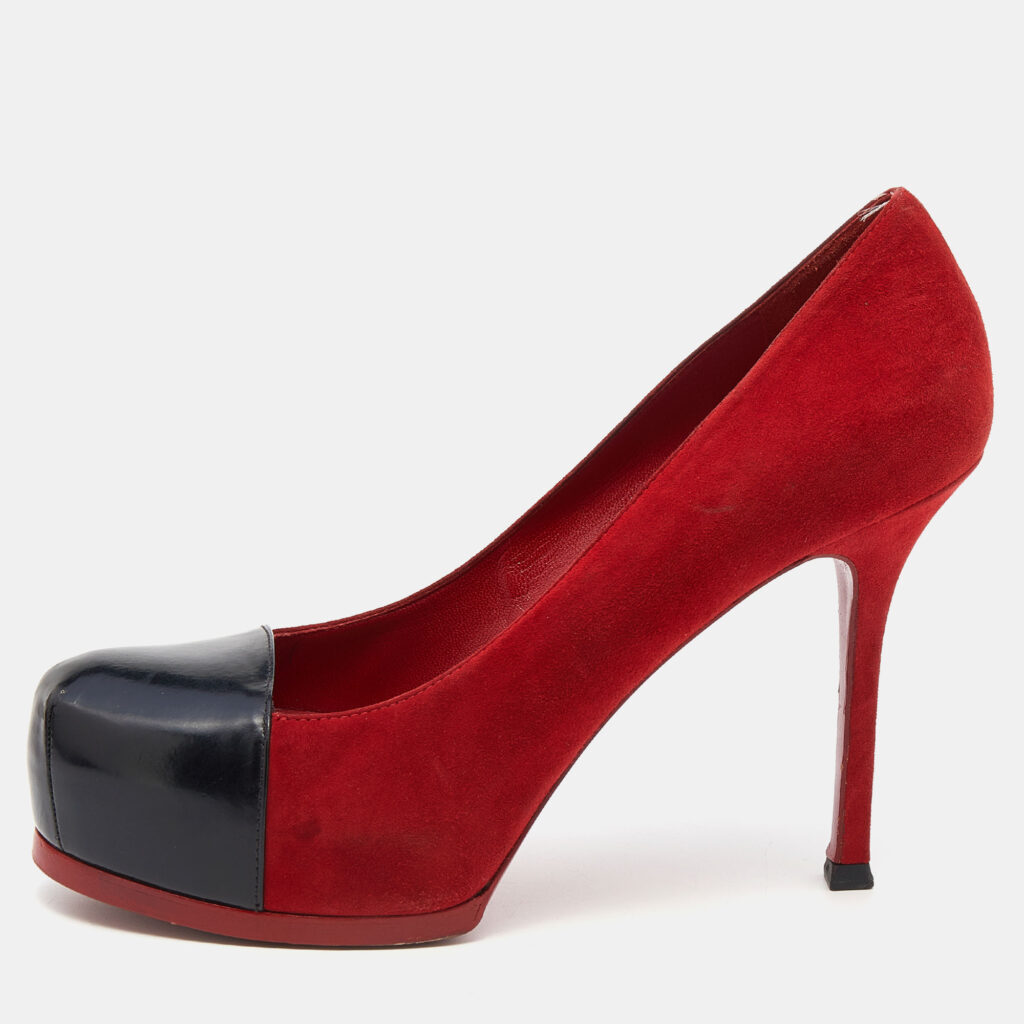 luxury-women-saint-laurent-paris-used-shoes-p636220-003-2 Saint Laurent Red/Black Suede and Leather Tribtoo Platform Pumps Size 38