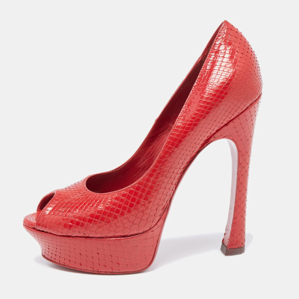luxury-women-saint-laurent-paris-used-shoes-p639995-001-1 Saint Laurent Red Snakeskin Palais Platform Peep Toe Pumps Size 38