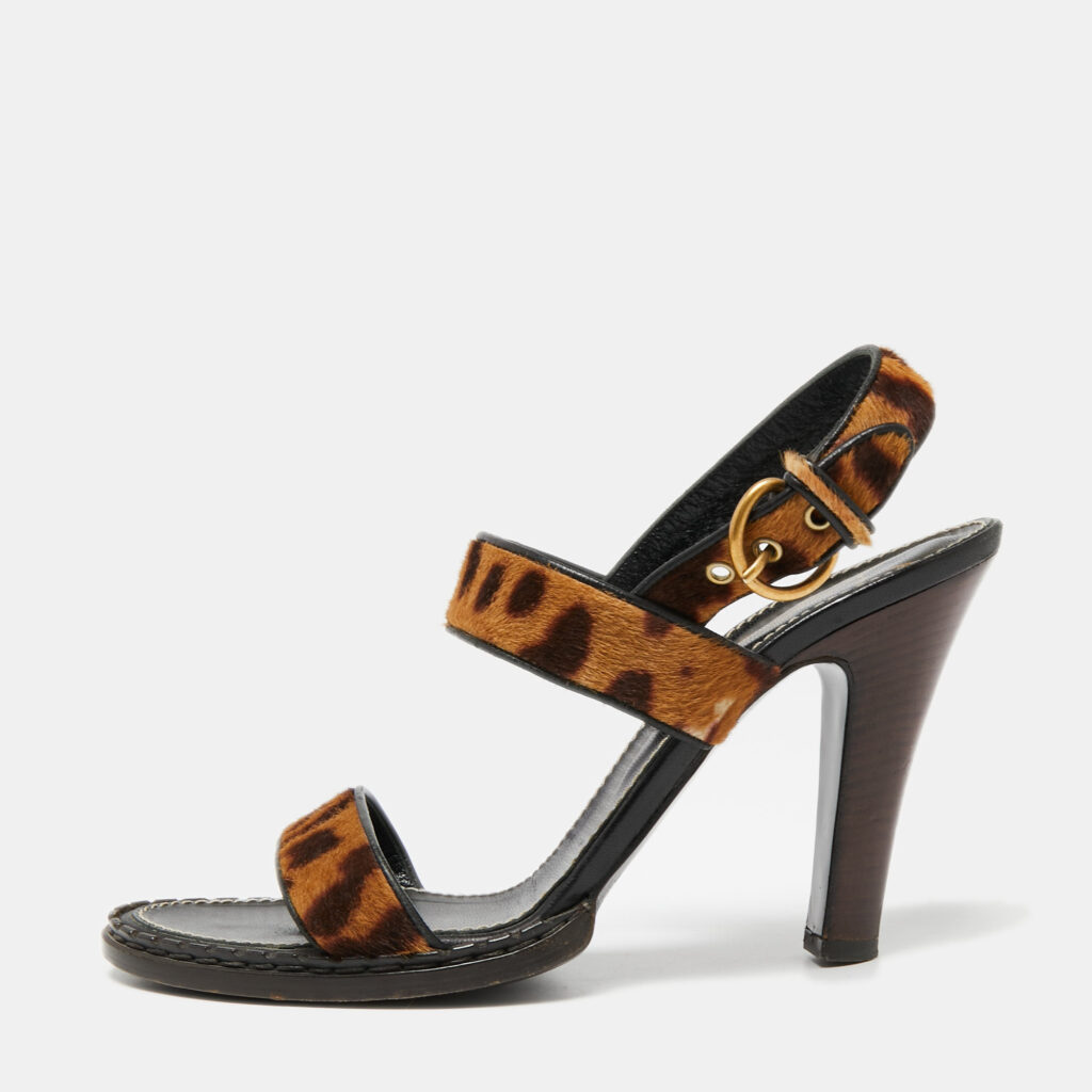 luxury-women-saint-laurent-paris-used-shoes-p651501-001 Saint Laurent Beige/Brown Leopard Print Calf Hair Slingback Sandals Size 41