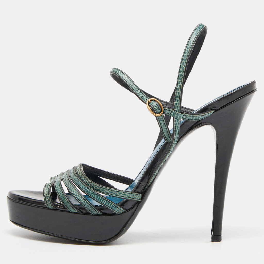 luxury-women-saint-laurent-paris-used-shoes-p804498-010 Yves Saint Laurent Green/Black Lizard Strappy Platform Sandals Size 38.5