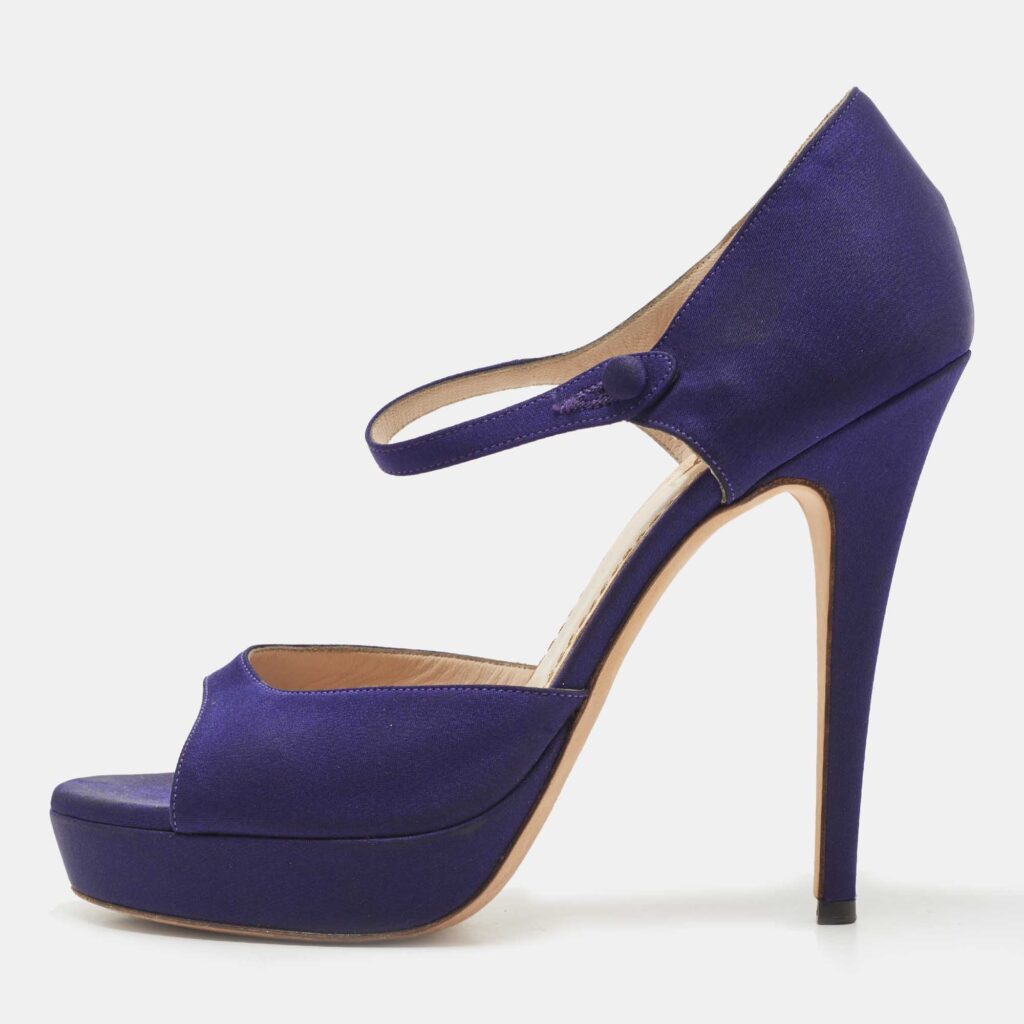 luxury-women-saint-laurent-paris-used-shoes-p810177-003 Saint Laurent Navy Blue Satin Ankle Strap Platform Open Toe Pumps Size 38.5