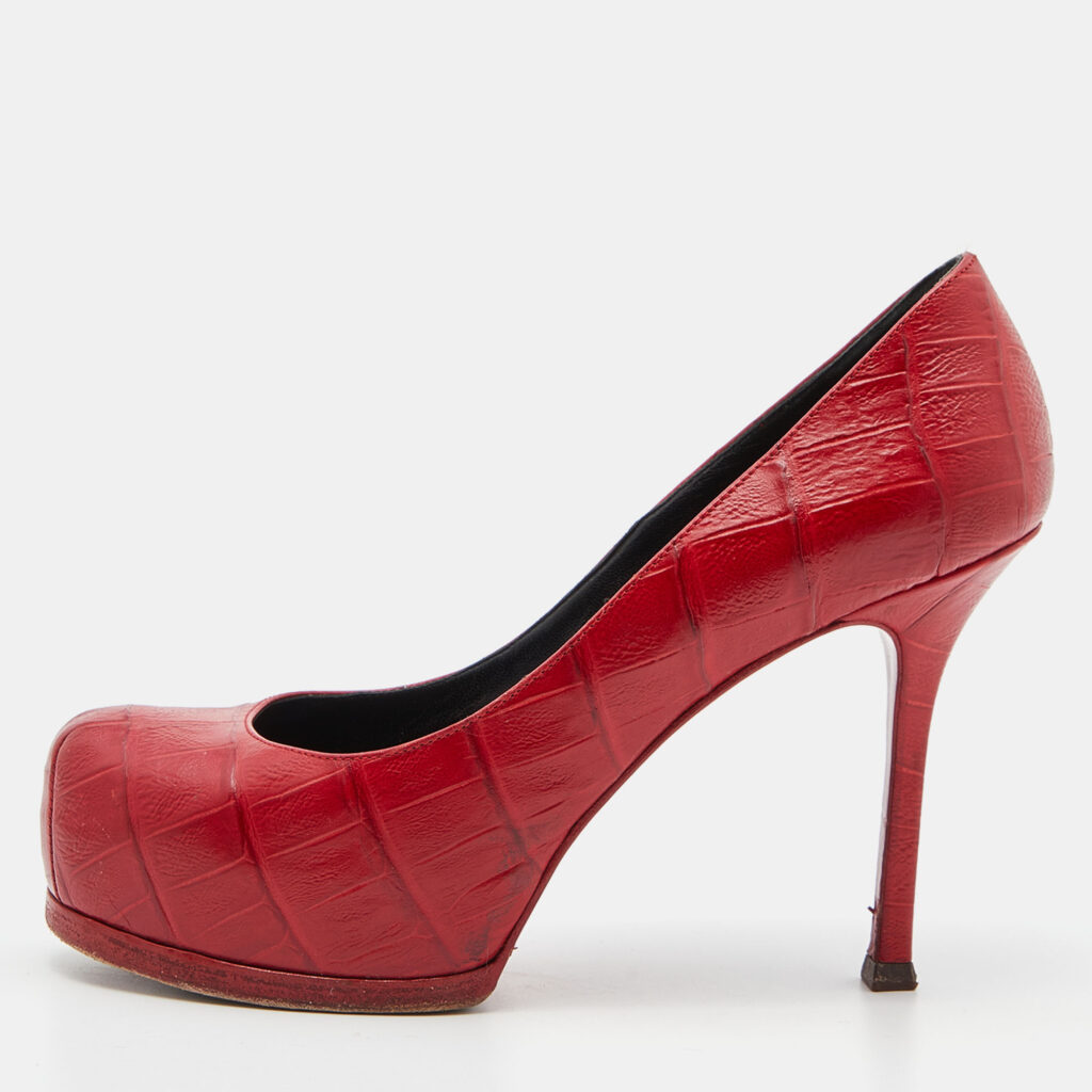 Saint Laurent Red Croc Embossed Leather Tribtoo Platform Pumps Size 37