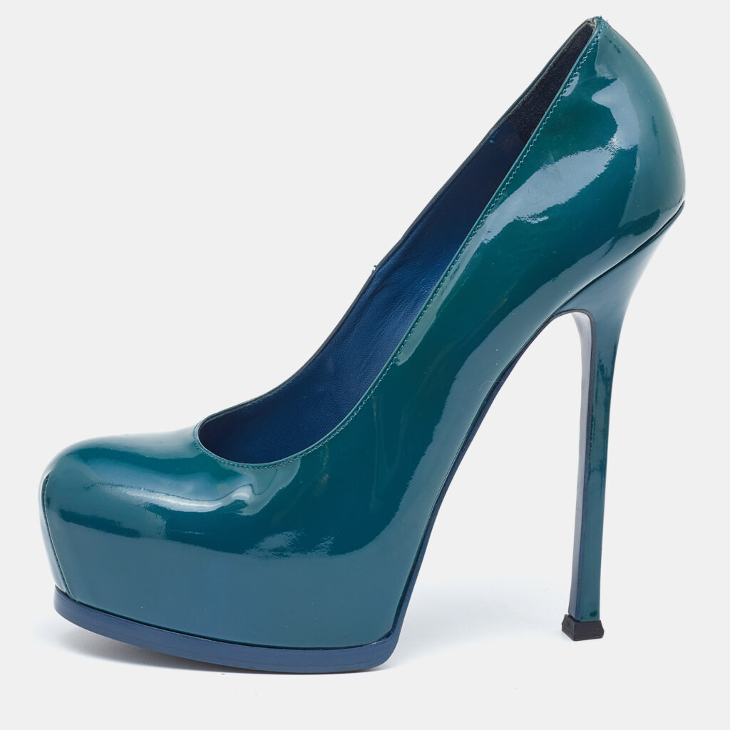 luxury-women-saint-laurent-paris-used-shoes-p832354-008 Saint Laurent Blue Patent Leather Tribtoo Platform Pumps Size 40