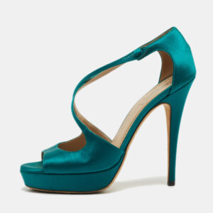 Saint Laurent Teal Satin Cross Strap Platform Sandals Size 38