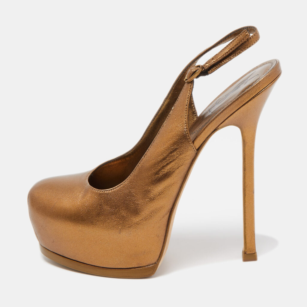 luxury-women-saint-laurent-paris-used-shoes-p867061-002 Saint Laurent Metallic Leather Tribtoo Slingback Pumps Size 38.5