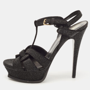 Saint Laurent Black Textured Suede Tribute Sandals Size 38.5