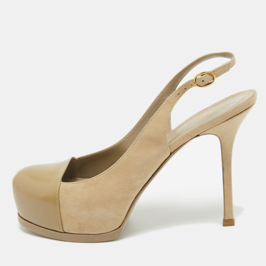 Saint Laurent Beige Suede and Leather Tribtoo Slingback Pumps Size 38.5