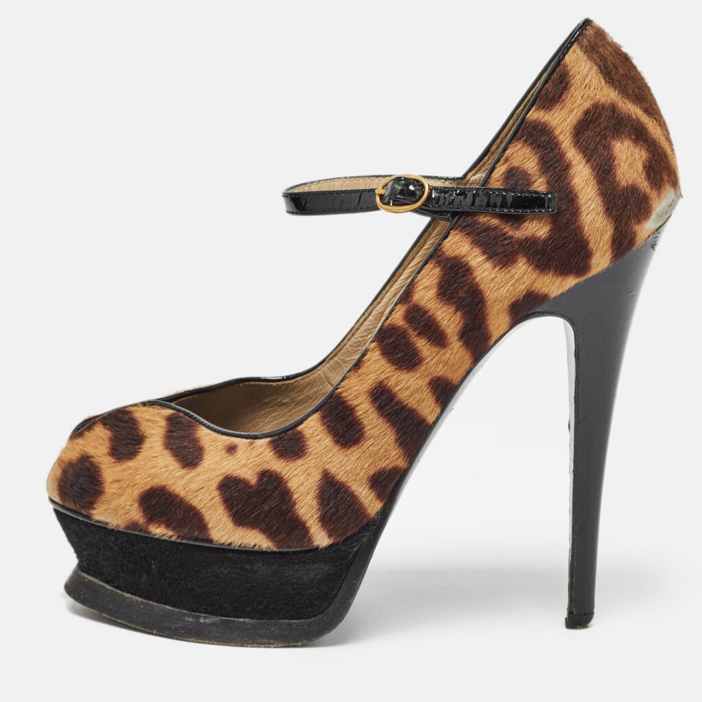 luxury-women-saint-laurent-paris-used-shoes-p981288-001 Saint Laurent Black/Brown Calf Hair Animal Print Pumps Size 36