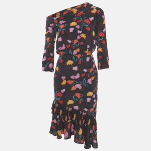 Saloni Silk Ruffled Asymmetric Midi Dress S