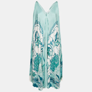 Salvatore Ferragamo Blue Floral Print Satin Plisse Midi Dress M