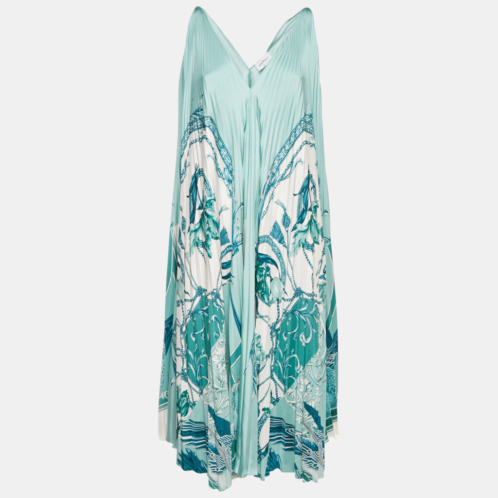 Salvatore Ferragamo Blue Floral Print Satin Plisse Midi Dress M