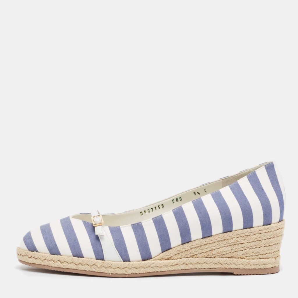 luxury-women-salvatore-ferragamo-new-shoes-p1044455-003 Salvatore Ferragamo Blue/White Striped Fabric Audrey Wedge Espadrille Pumps Size 40