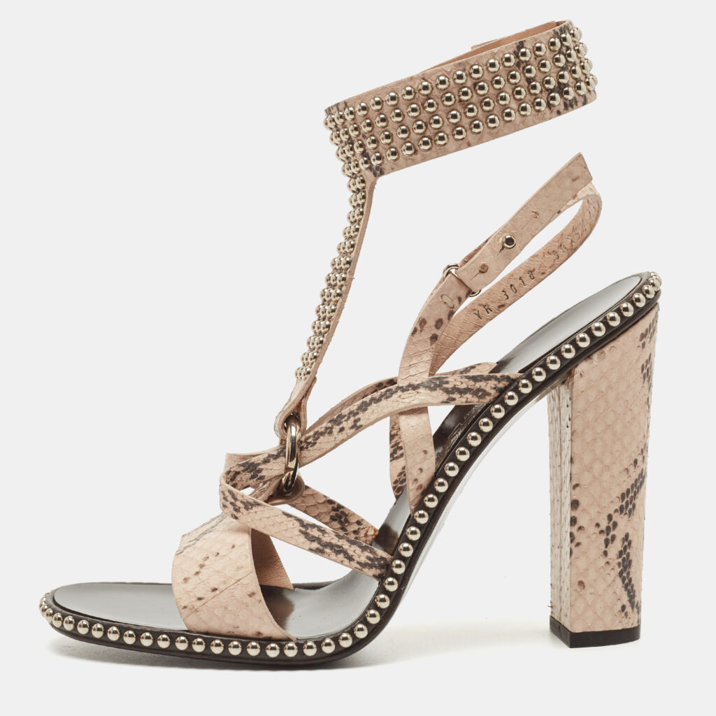 luxury-women-salvatore-ferragamo-new-shoes-p858992-001 Salvatore Ferragamo Beige Python Leather Studded Ankle Cuff Sandals Size 41