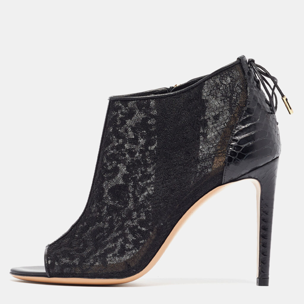 luxury-women-salvatore-ferragamo-new-shoes-p960012-004 Salvatore Ferragamo Black Python Leather and Lace Nufus Open Toe Ankle Booties Size 36.5