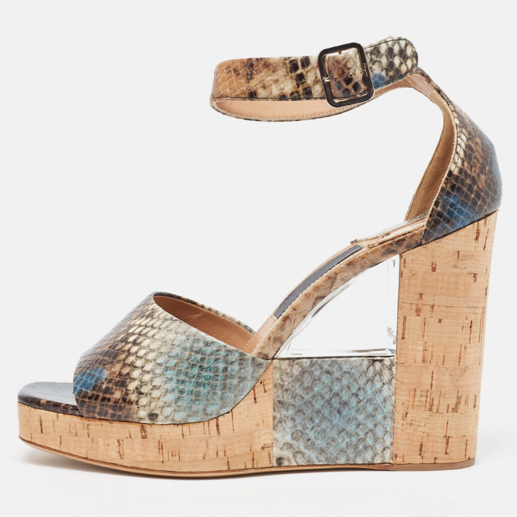 luxury-women-salvatore-ferragamo-new-shoes-p961318-010 Salvatore Ferragamo Multicolor Python Embossed Ankle Strap Wedge Sandals Size 38