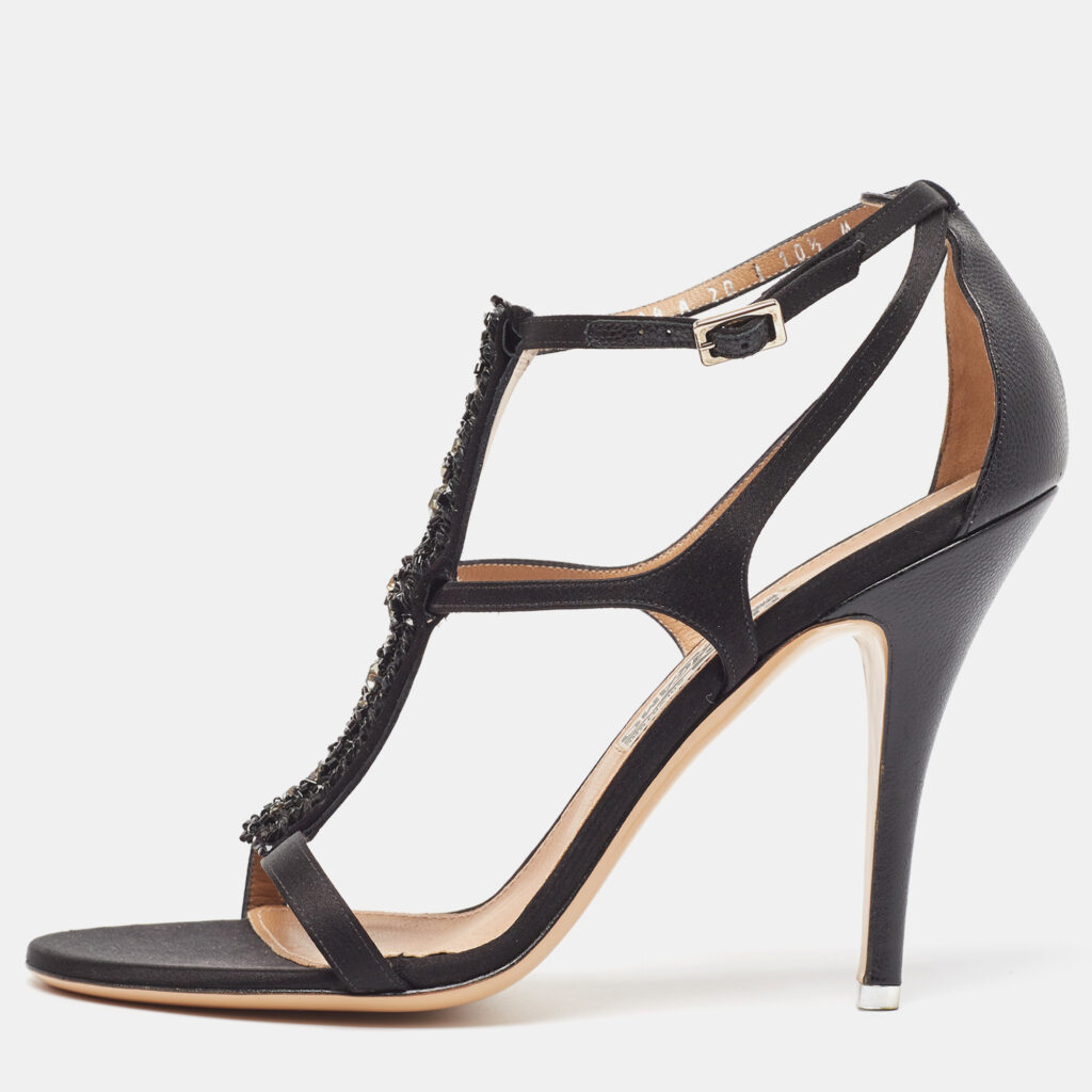 luxury-women-salvatore-ferragamo-new-shoes-p961367-001 Salvatore Ferragamo Black Satin Crystal Embellished Ankle Strap Sandals Size 41