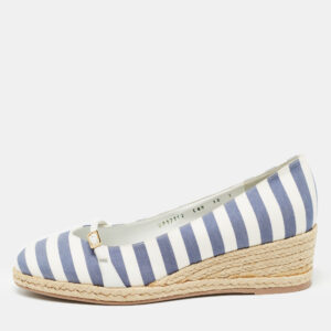 Salvatore Ferragamo Blue/White Striped Fabric Audrey Wedge Espadrille Pumps Size 40.5