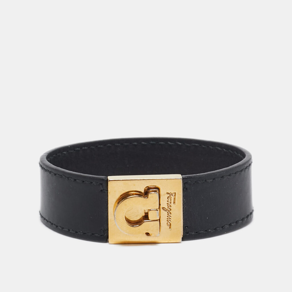 luxury-women-salvatore-ferragamo-used-accessories-p1112012-001 Salvatore Ferragamo Gancini Black Leather Gold Tone Bracelet