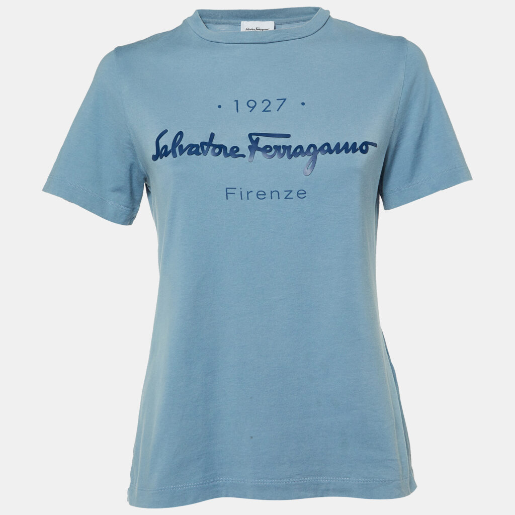 luxury-women-salvatore-ferragamo-used-clothes-p1121099-002 Salvatore Ferragamo Blue Logo Cotton Crewneck T-Shirt M