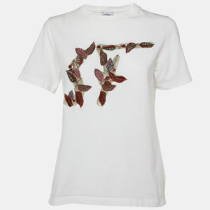 Salvatore Ferragamo White Logo Embroidered Cotton Crewneck T-Shirt L