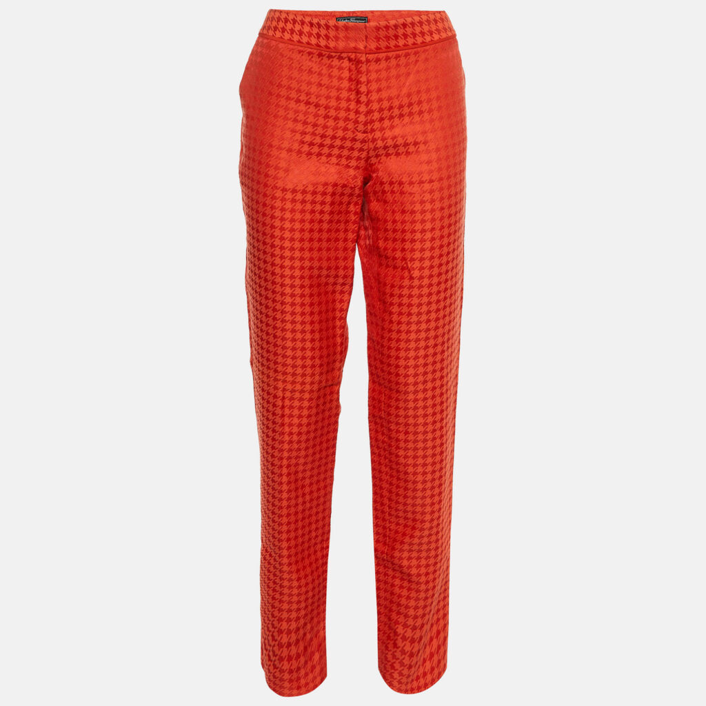 luxury-women-salvatore-ferragamo-used-clothes-p1144863-001 Salvatore Ferragamo Red Houndstooth Pattern Cotton & Silk Trousers M