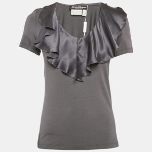 Salvatore Ferragamo Grey Knit & Silk Ruffle Neck Top L