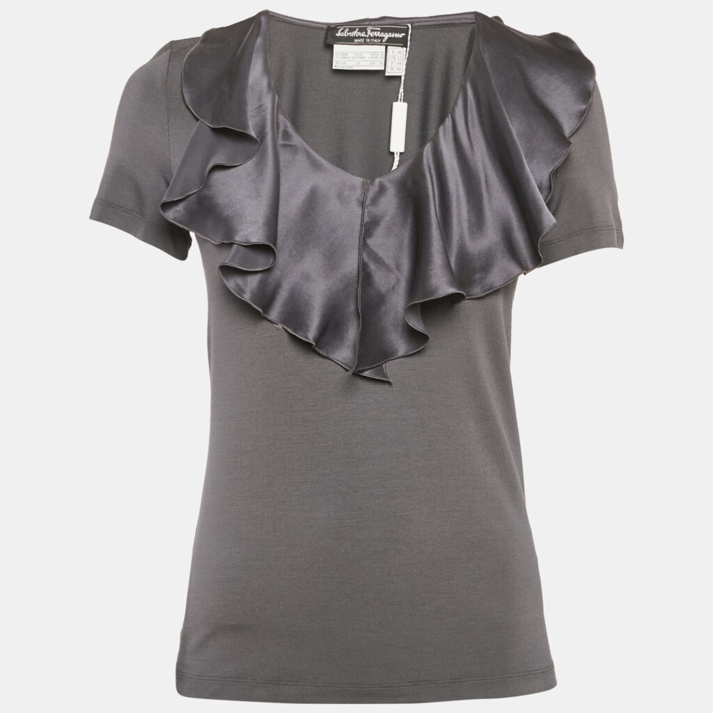 luxury-women-salvatore-ferragamo-used-clothes-p1148921-005 Salvatore Ferragamo Grey Knit & Silk Ruffle Neck Top L