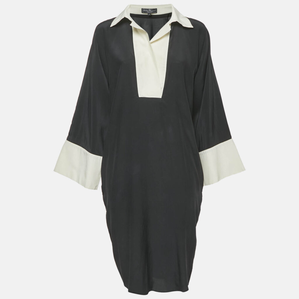 luxury-women-salvatore-ferragamo-used-clothes-p1150212-001 Salvatore Ferragamo Black Silk Shirt Dress M