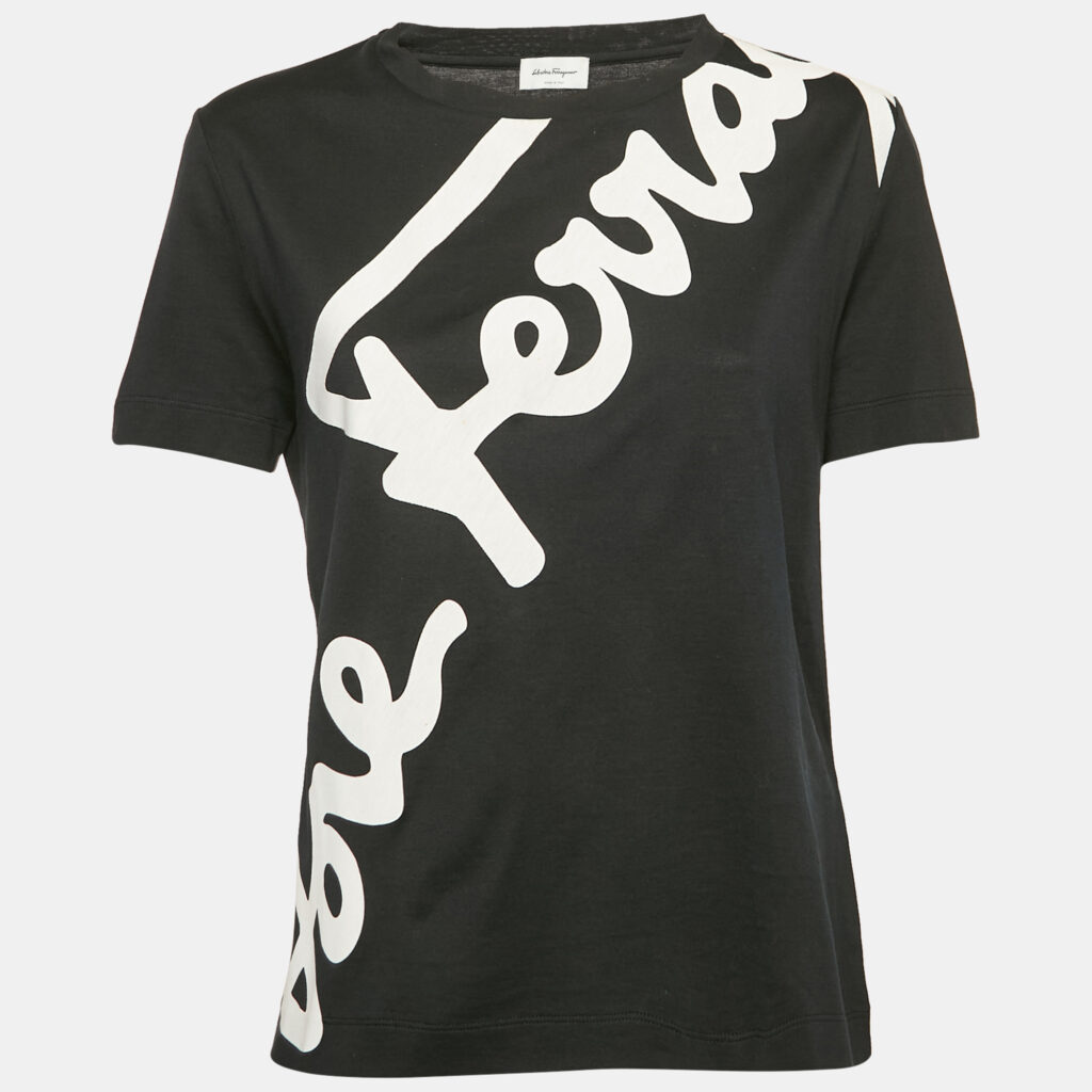 luxury-women-salvatore-ferragamo-used-clothes-p1152961-004 Salvatore Ferragamo Black Logo Print Cotton Crew Neck T-Shirt L