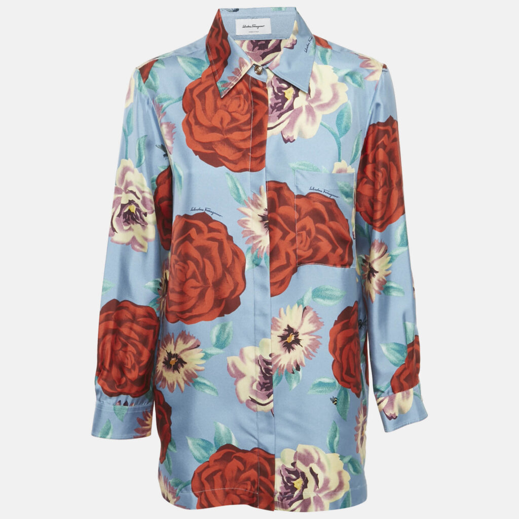 luxury-women-salvatore-ferragamo-used-clothes-p1166749-001 Salvatore Ferragamo Blue Rose Print Silk Long Sleeve Shirt M