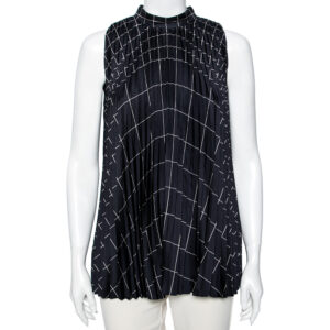 Salvatore Ferragamo Navy Blue Windowpane Printed Silk Pleated Top M