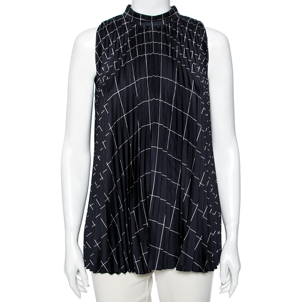 luxury-women-salvatore-ferragamo-used-clothes-p590297-002-2 Salvatore Ferragamo Navy Blue Windowpane Printed Silk Pleated Top M