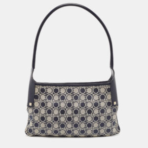 Salvatore Ferragamo Navy Blue Gancini Print Fabric and Leather Shoulder Bag