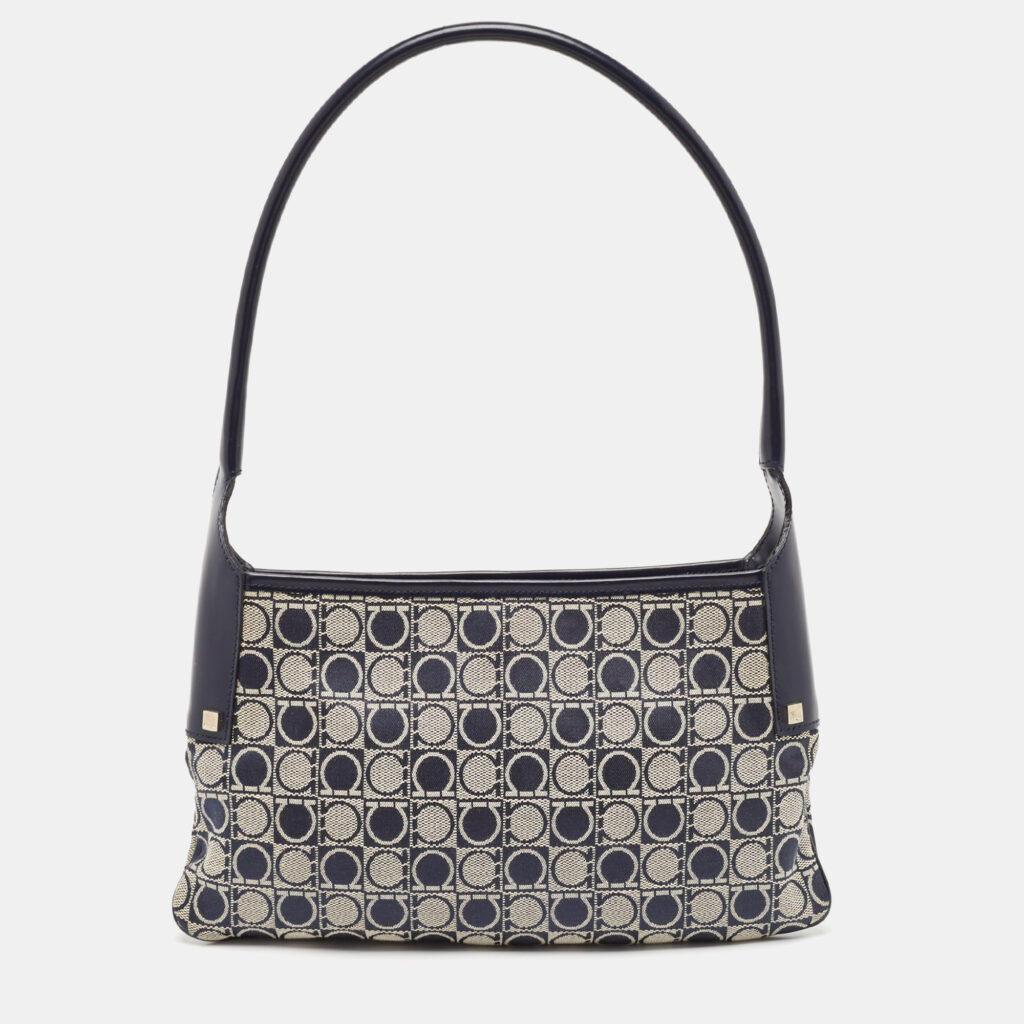 luxury-women-salvatore-ferragamo-used-handbags-p1105000-010 Salvatore Ferragamo Navy Blue Gancini Print Fabric and Leather Shoulder Bag
