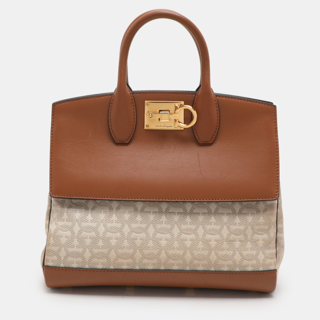 luxury-women-salvatore-ferragamo-used-handbags-p1112850-001 Salvatore Ferragamo Beige/Brown Canvas and Leather Medium The Studio Tote