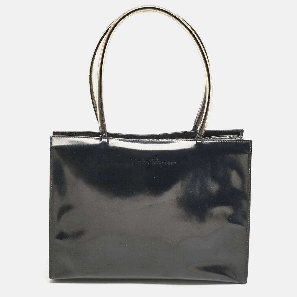 Salvatore Ferragamo Black/Clear Patent Leather and PVC Satchel