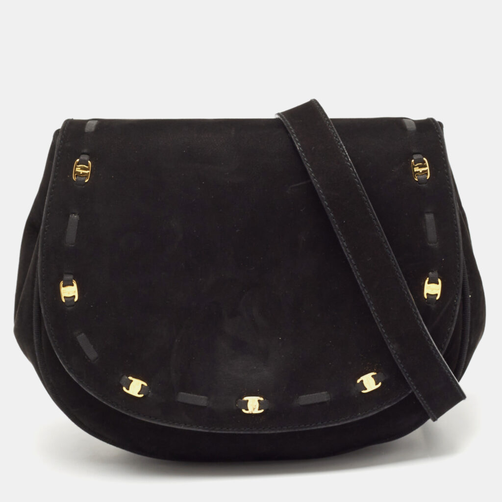 luxury-women-salvatore-ferragamo-used-handbags-p1125364-001.jpg Salvatore Ferragamo Black Suede Logo Flap Crossbody Bag