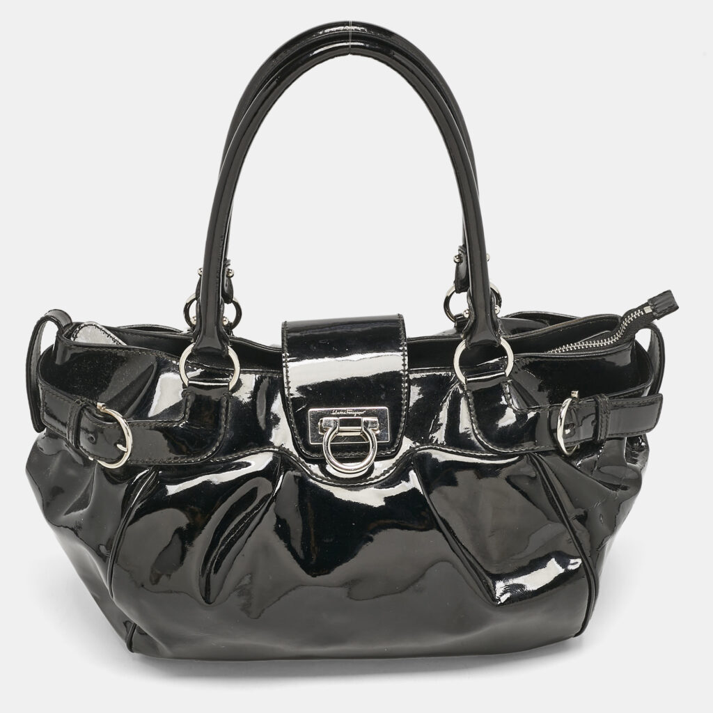 luxury-women-salvatore-ferragamo-used-handbags-p1149413-002 Salvatore Ferragamo Black Patent Leather Marisa Satchel