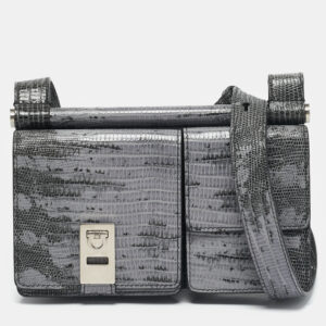 Salvatore Ferragamo Lilac/Black Lizard Embossed Leather Multi Pocket Flap Crossbody Bag